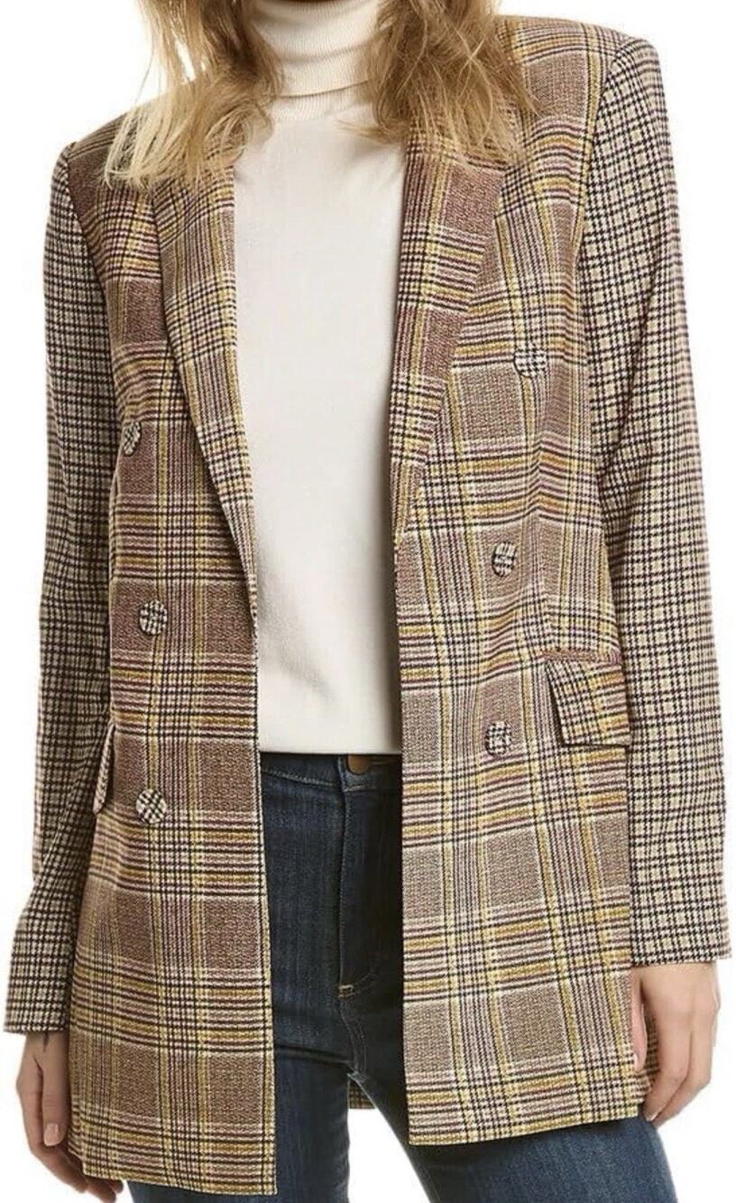 Vince Camuto Plaid Double Breasted Longline Blazer Brown Glen Check Size 24W